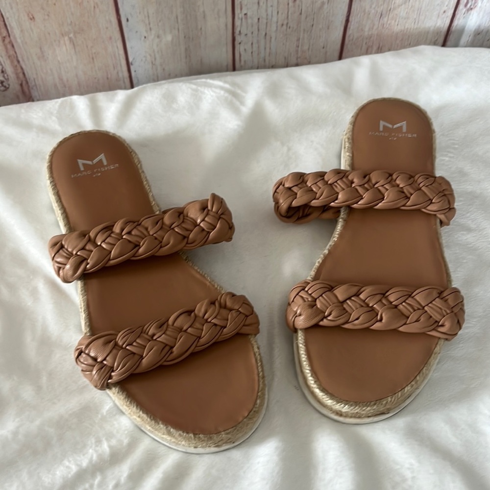 Marc Fisher Brown Braided Double-Strap Espadrille Slide Sandals